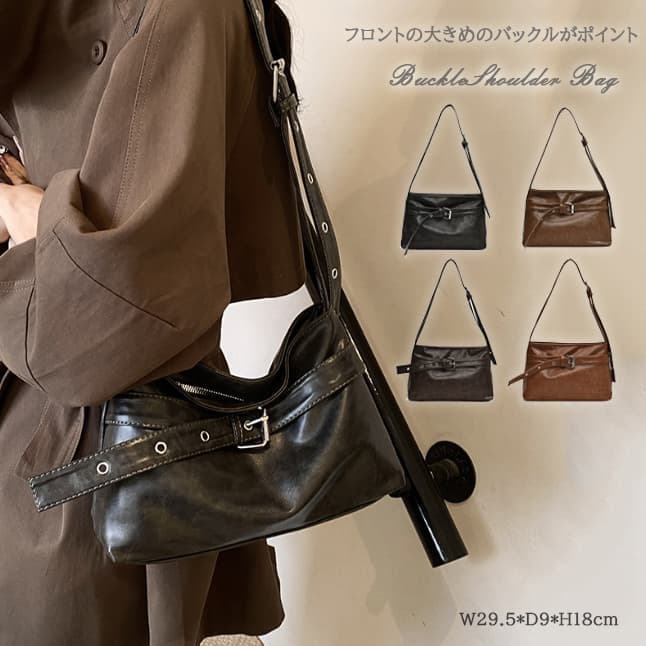 黒 バッグ レディース レザー調 バックル付き ショルダーバッグ 黒