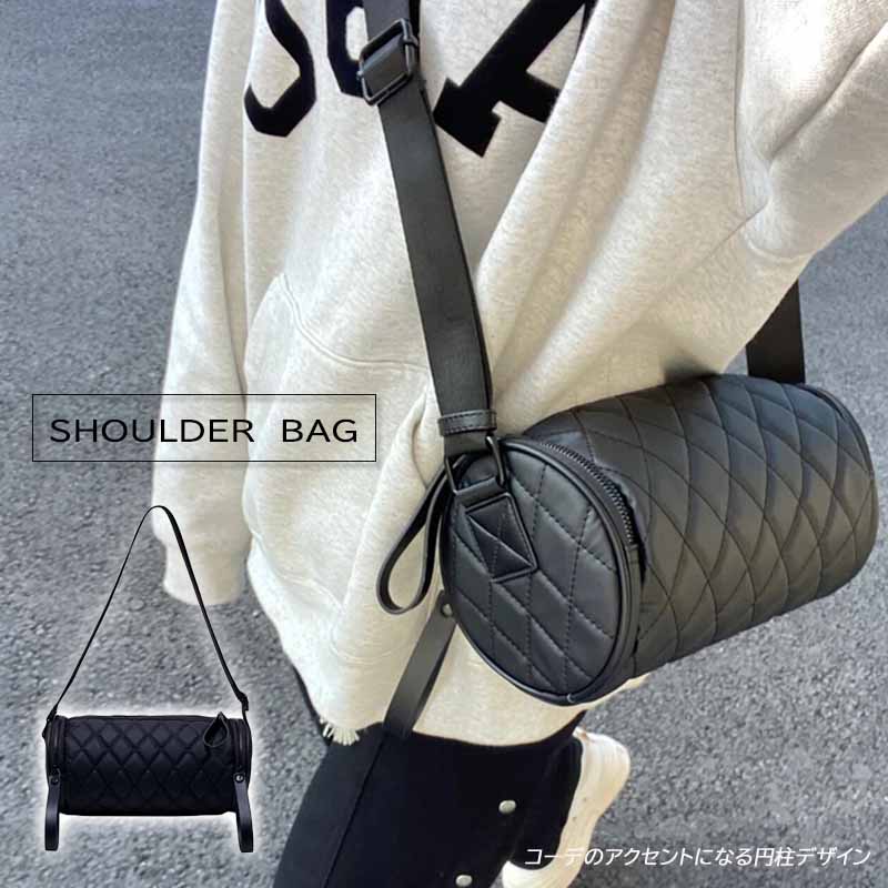 黒 バッグ 女性用キルティング円柱型ショルダーバッグ黒