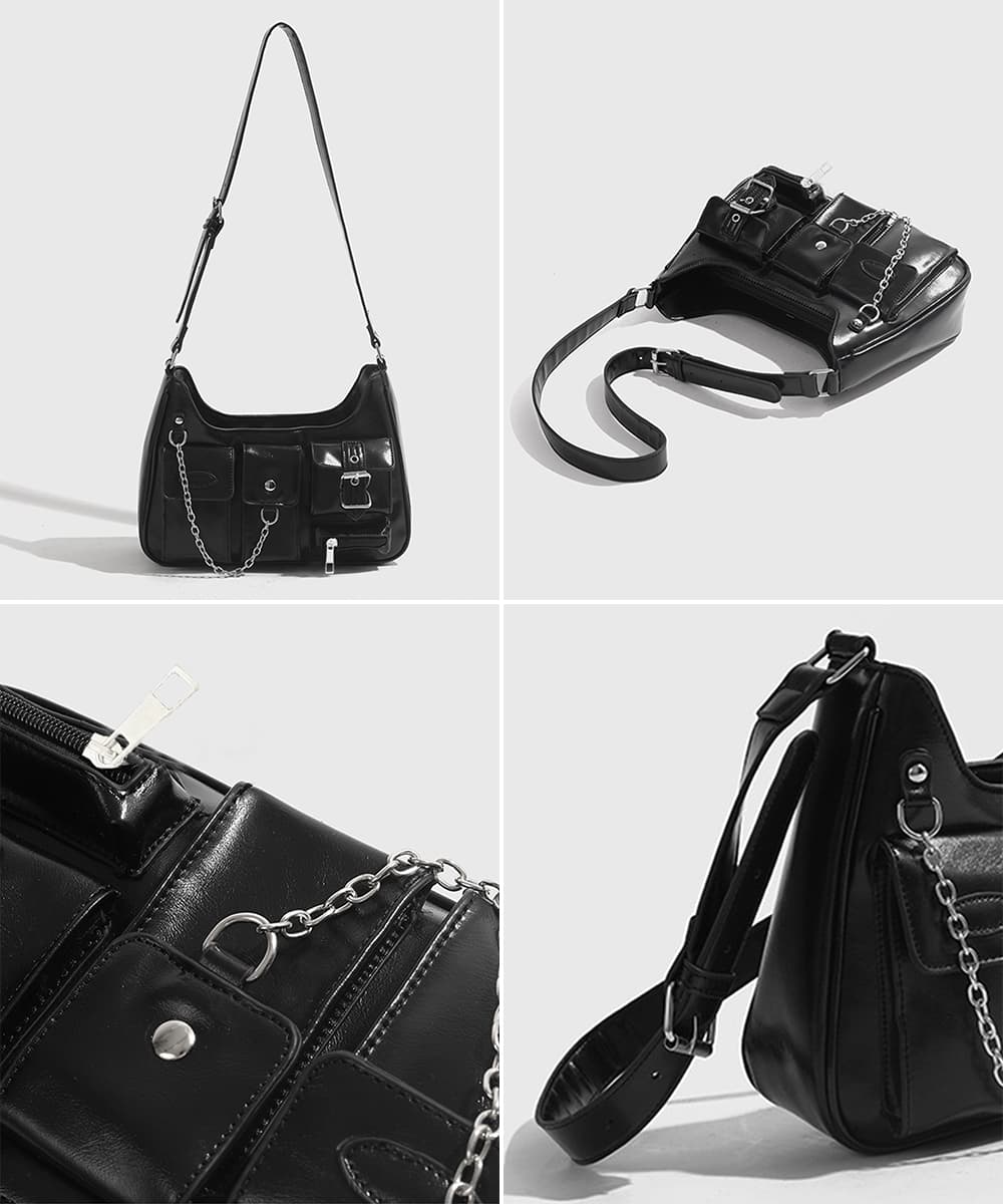 黒 バッグ 黒革調マルチポケット肩掛けバッグ