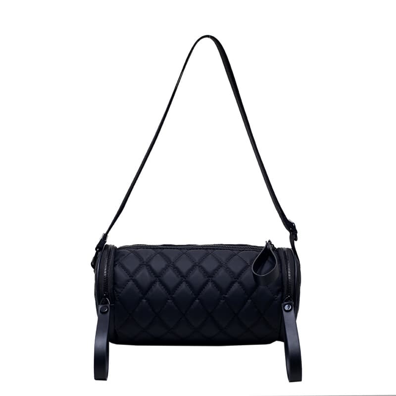 黒 バッグ 女性用キルティング円柱型ショルダーバッグ黒