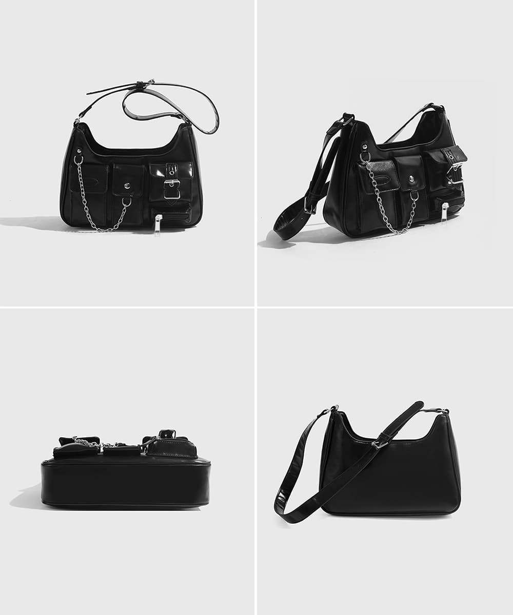 黒 バッグ 黒革調マルチポケット肩掛けバッグ