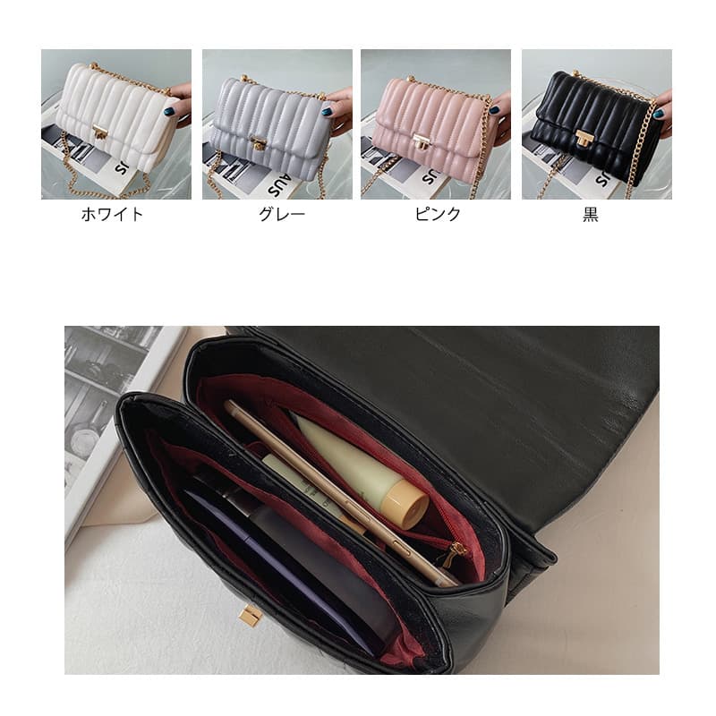 黒 バッグ 黒キルティングショルダーバッグ金具チェーン付きレディース