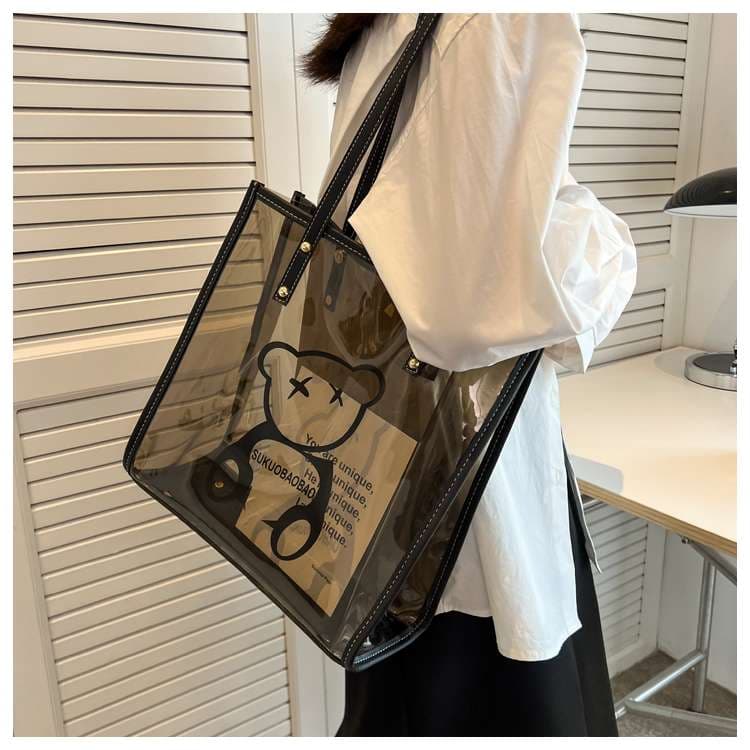 黒 バッグ 透明くま柄トートバッグ黒ポーチ付き二通り仕様
