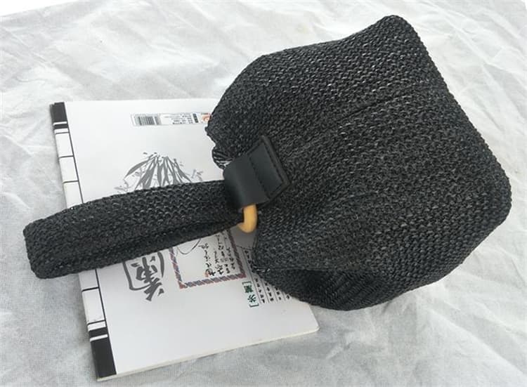 黒 バッグ 黒編み込みミニバケツ型かごバッグ