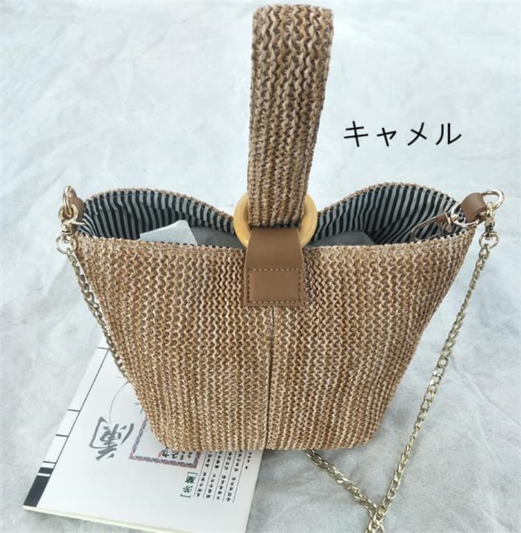 黒 バッグ 黒編み込みミニバケツ型かごバッグ