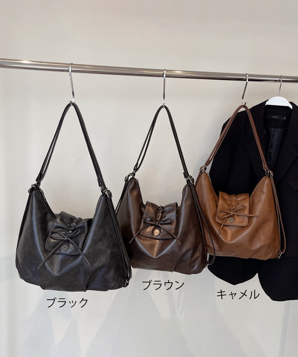 黒 バッグ リボン付き合皮ショルダーバッグ2way仕様