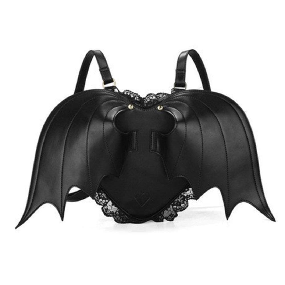 黒 バッグ 悪魔の羽根付き黒リュック レース装飾コウモリ風