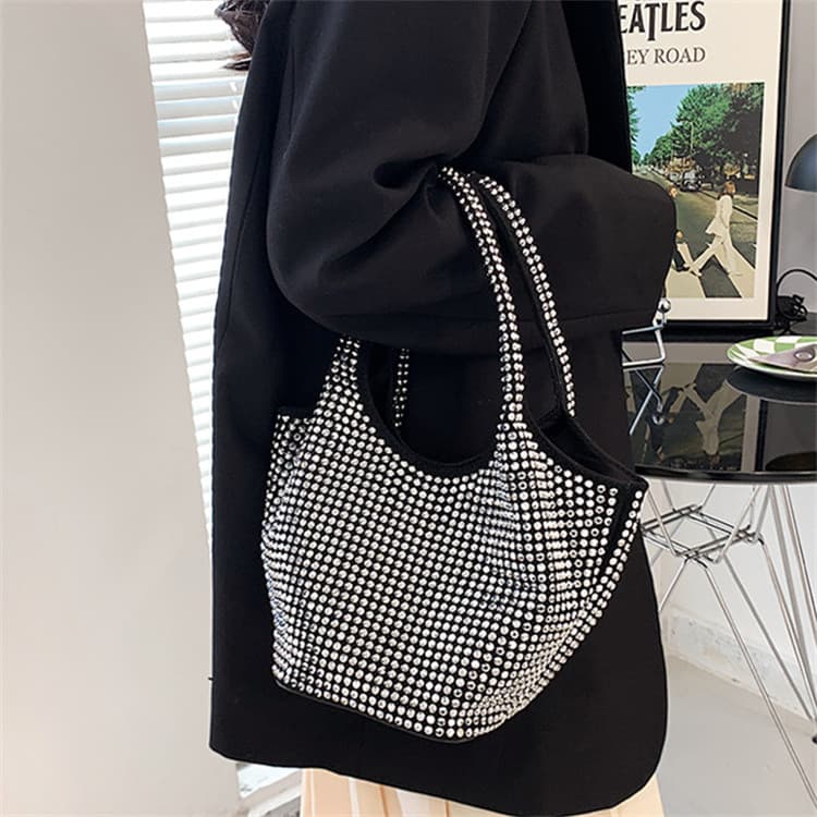 黒 バッグ 黒 スパンコール バケツ型 ショルダーバッグ