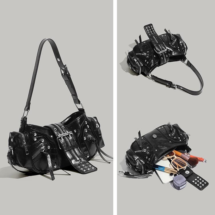 黒 バッグ 黒革調スタッズ付きレディースショルダーバッグ