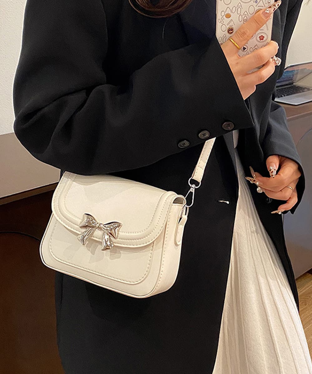 黒 バッグ 即納 黒リボン金具ミニショルダーバッグ
