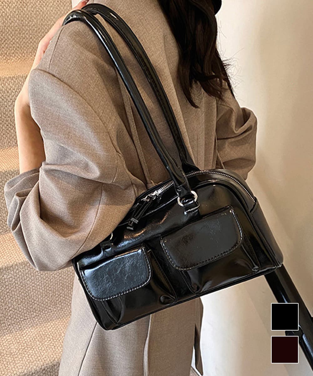 黒 バッグ 黒バッグ ツヤ感ハンドバッグ 多機能ポケット付きレディース鞄