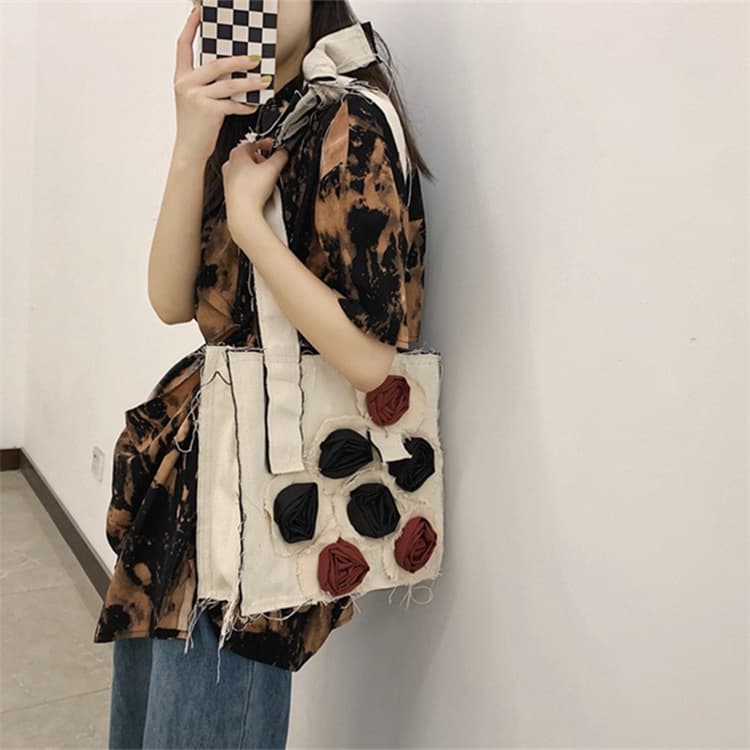 黒 バッグ 花柄刺繍黒トートバッグ ショルダー対応