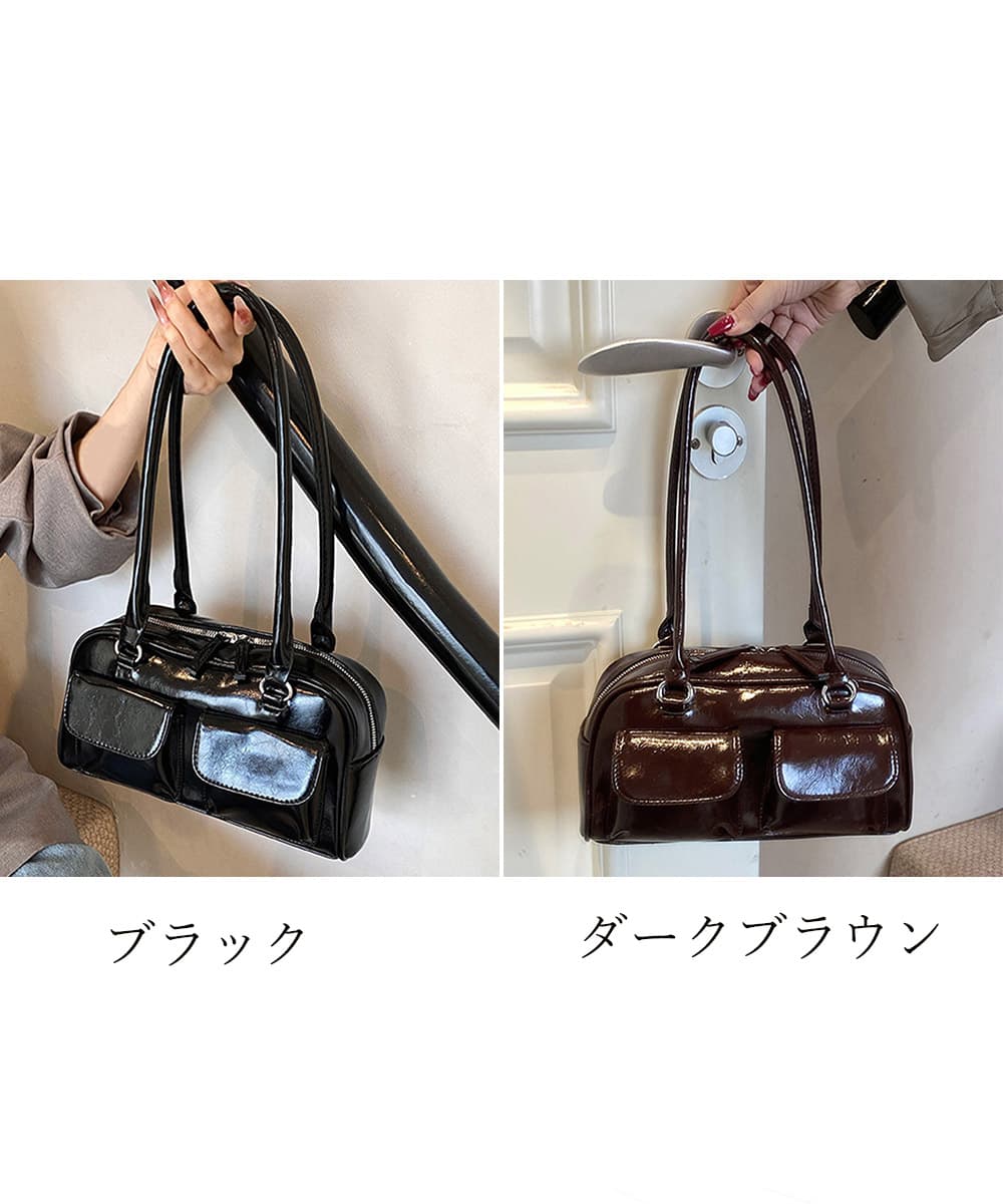 黒 バッグ 黒バッグ ツヤ感ハンドバッグ 多機能ポケット付きレディース鞄