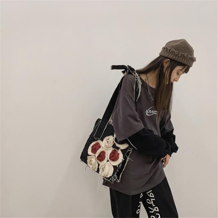 黒 バッグ 花柄刺繍黒トートバッグ ショルダー対応