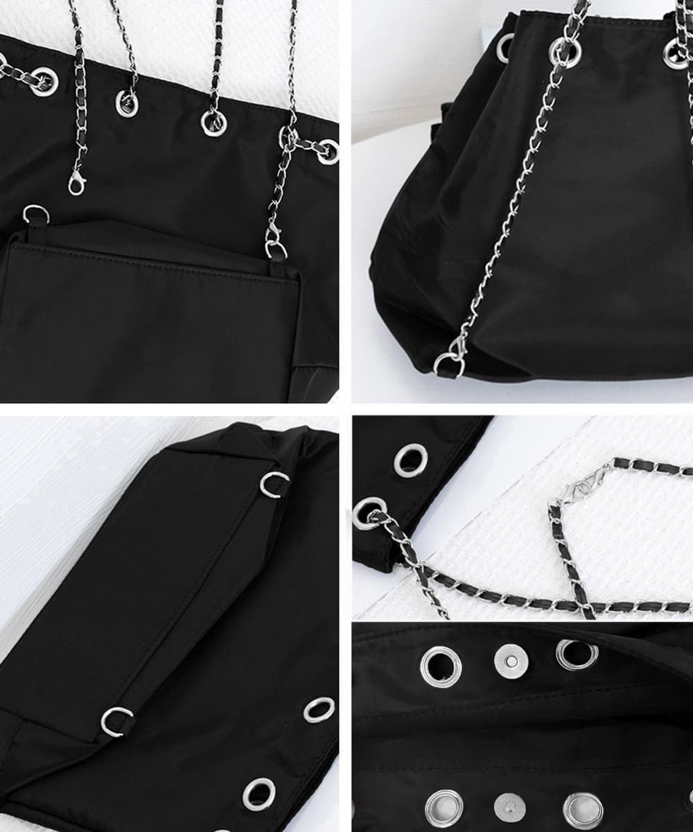 黒 バッグ 軽量巾着リュック チェーン付き黒バッグ ショルダー