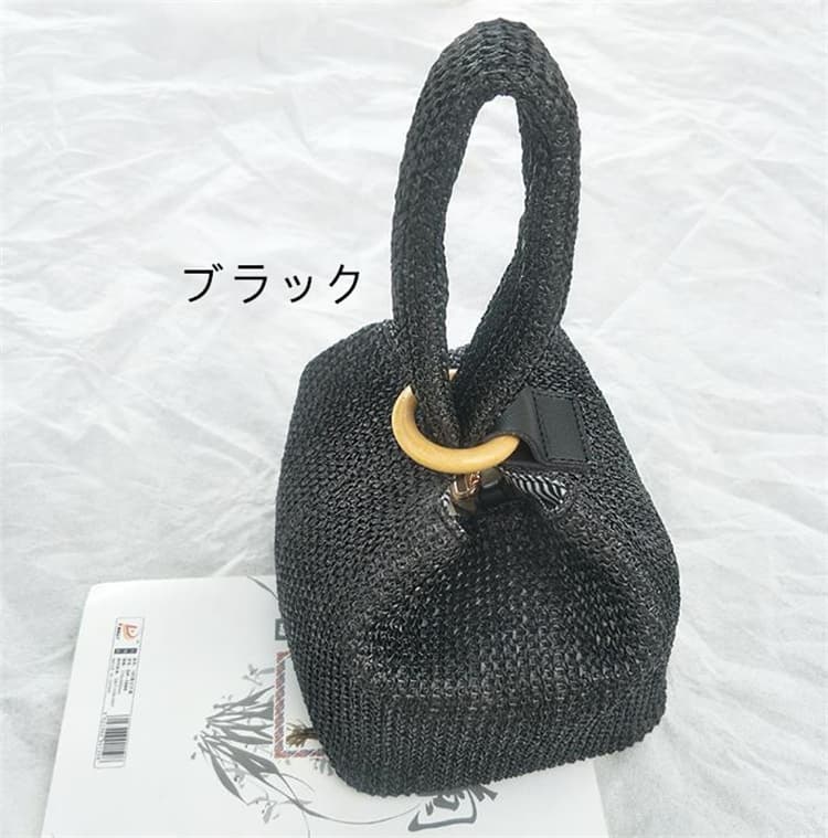 黒 バッグ 黒編み込みミニバケツ型かごバッグ