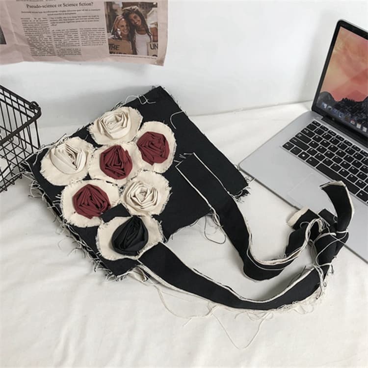 黒 バッグ 花柄刺繍黒トートバッグ ショルダー対応