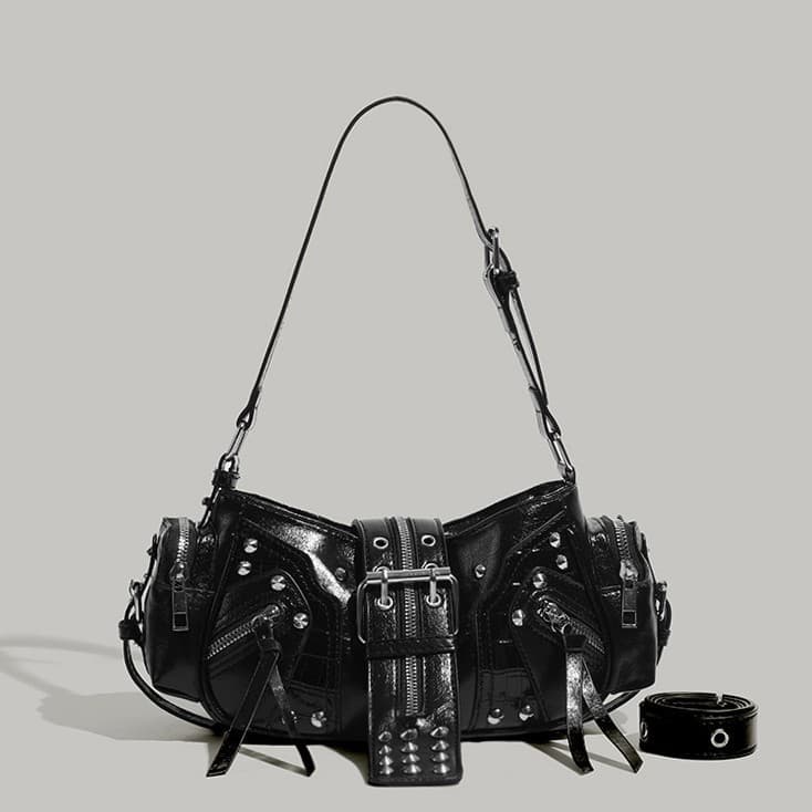 黒 バッグ 黒革調スタッズ付きレディースショルダーバッグ