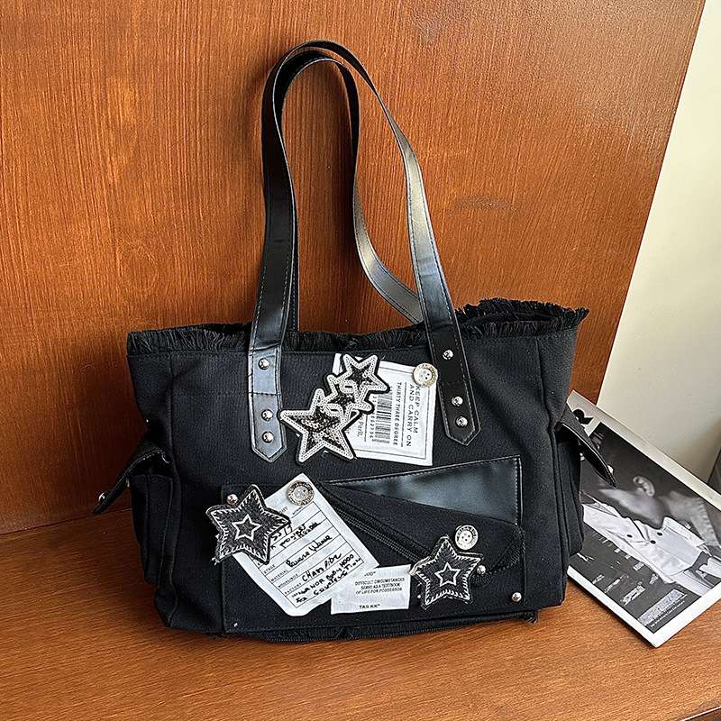 黒 バッグ 星装飾パンクロック黒トートバッグ