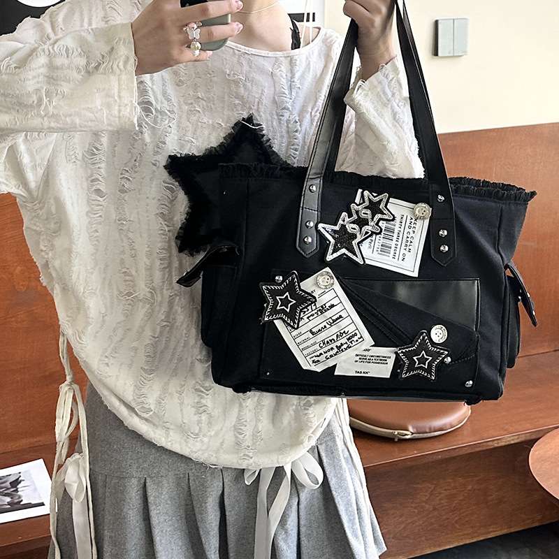 黒 バッグ 星装飾パンクロック黒トートバッグ
