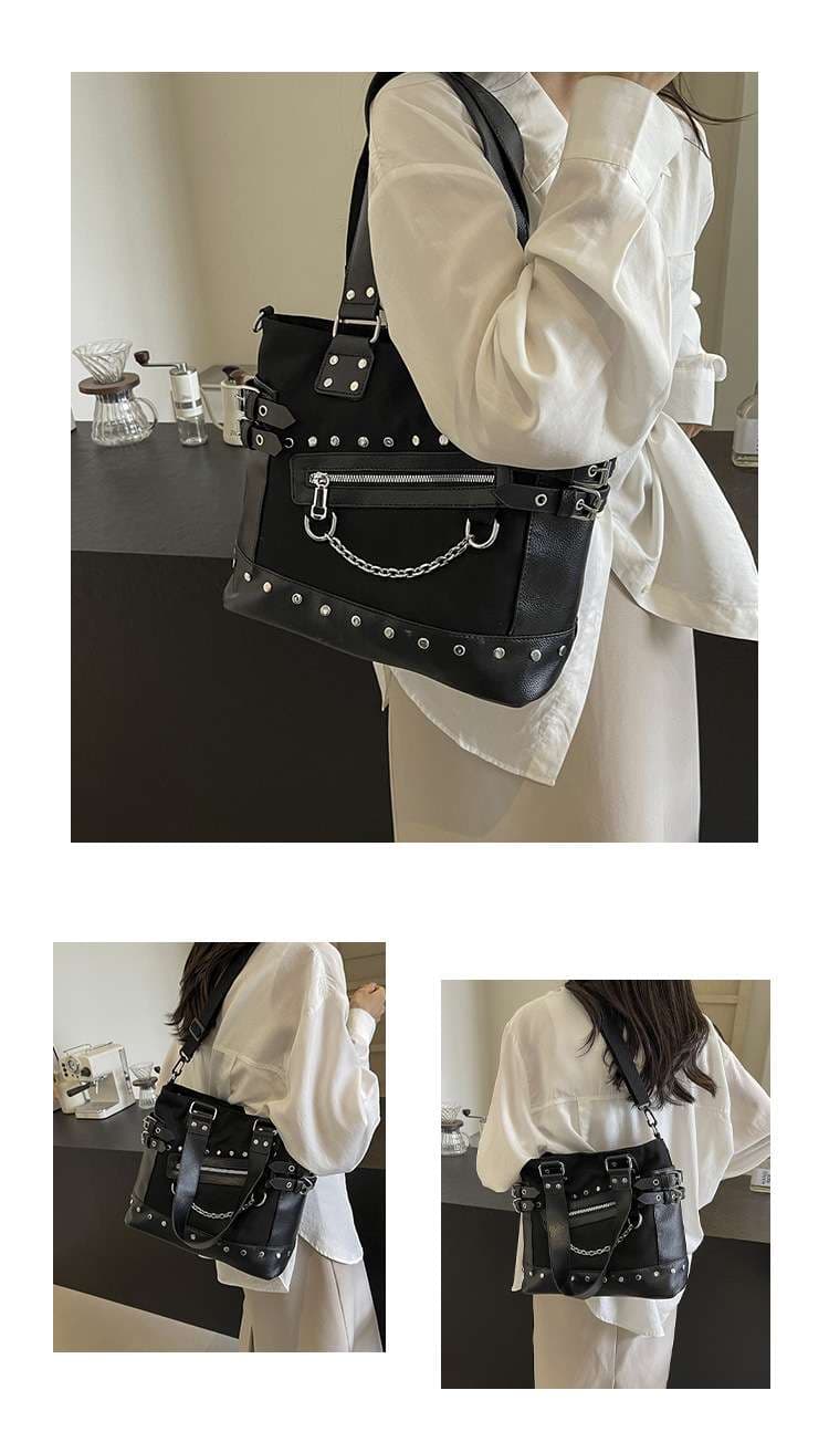 黒 バッグ 黒革調ストライプ柄個性派ハンドバッグ